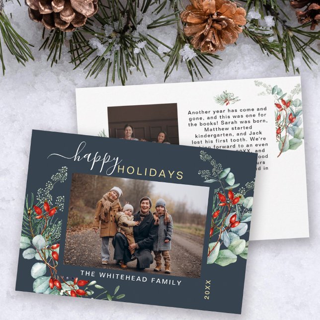 Cartes Pour Fêtes Annuelles Aquarelle botanique Vert Photo Ardoise Bleu (You will love these beautiful Christmas cards! They feature botanical watercolor holiday greenery.)