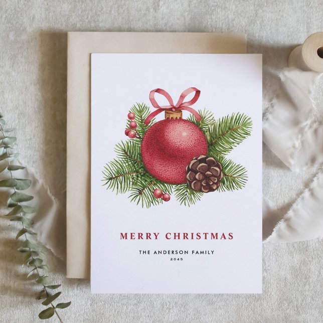 Cartes Pour Fêtes Annuelles Aquarelle Boule rouge Ornement Joyeux Noël (Créateur téléchargé)