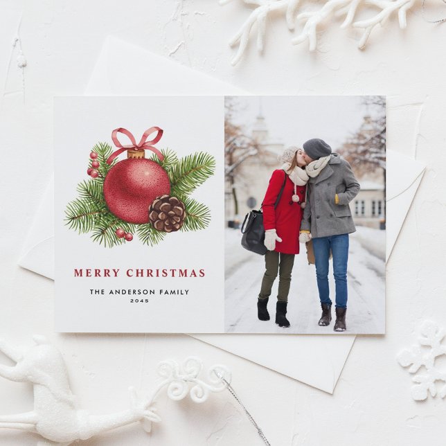 Cartes Pour Fêtes Annuelles Aquarelle Boule rouge ornement photo Noël (Créateur téléchargé)