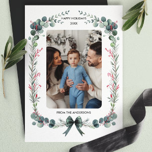 Cartes Pour Fêtes Annuelles Aquarelle Bow verte Botanique Photo de Noël