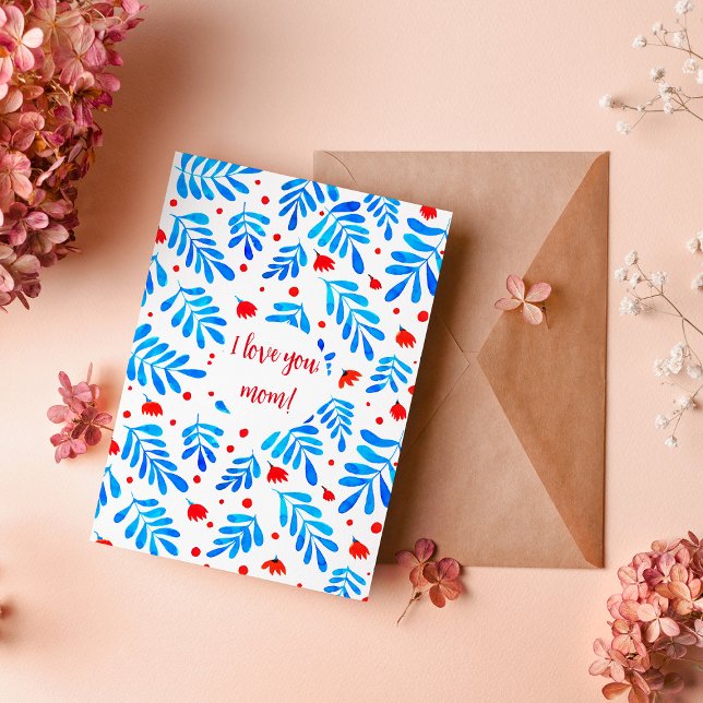 Cartes Pour Fêtes Annuelles Aquarelle branches et fleurs Je t'aime maman (Créateur téléchargé)