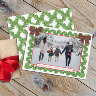 Cartes Pour Fêtes Annuelles Aquarelle Buffalo Plaid Red Bow Garland Photo