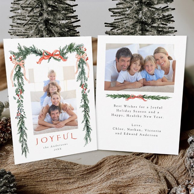 Cartes Pour Fêtes Annuelles Aquarelle cadre de Noël 2 Photo Rouge Joyeux (Front & Back)