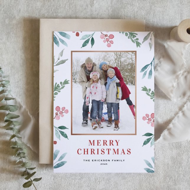 Cartes Pour Fêtes Annuelles Aquarelle Cadre vert Joyeux Noël Photo (Créateur téléchargé)