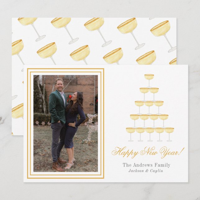 Cartes Pour Fêtes Annuelles Aquarelle Champagne Glaces de Nouvel An Photo (Devant / Derrière)