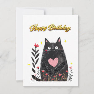 Cartes Pour Fêtes Annuelles Aquarelle Chat Noir Fleur Rose Anniversaire