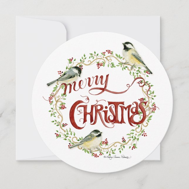 Cartes Pour Fêtes Annuelles Aquarelle Chickadee Birds Joyeux Noël Wreath (Devant)