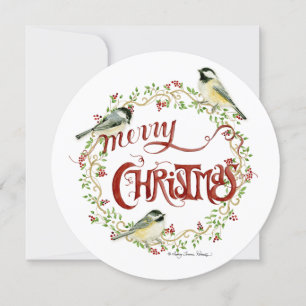 Cartes Pour Fêtes Annuelles Aquarelle Chickadee Birds Joyeux Noël Wreath