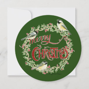 Cartes Pour Fêtes Annuelles Aquarelle Chickadee Birds Joyeux Noël Wreath