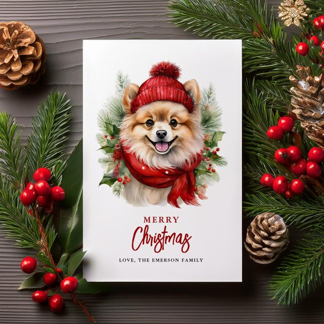 Cartes Pour Fêtes Annuelles Aquarelle Chien de Poméranie de Noël (Créateur téléchargé)