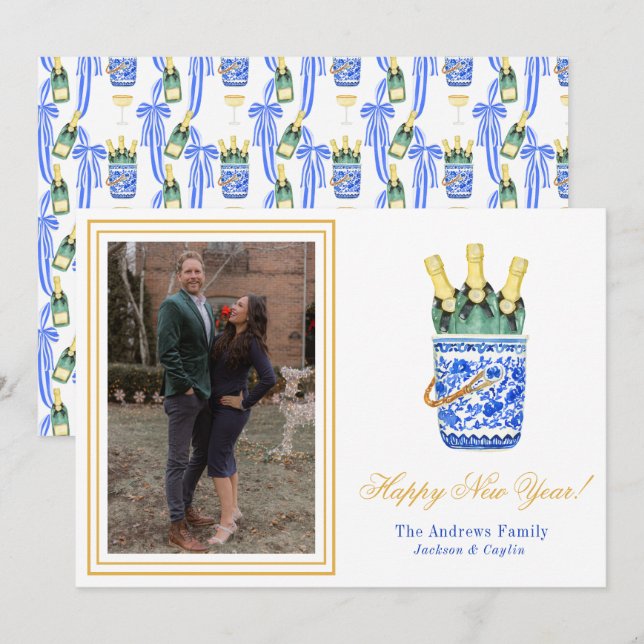 Cartes Pour Fêtes Annuelles Aquarelle Chinoiserie Sceau de vin Nouvel An Photo (Devant / Derrière)