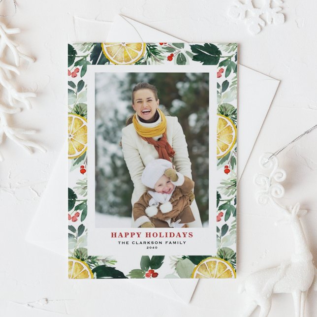 Cartes Pour Fêtes Annuelles Aquarelle Citron et verdure d'hiver Photo (Customizable Photo Holiday Postcard with Watercolor Lemon, Holly, and Winter Greenery)