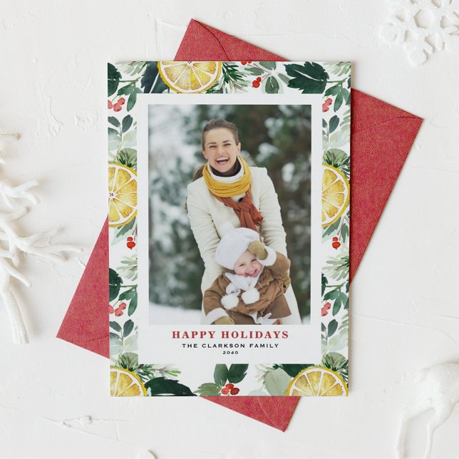 Cartes Pour Fêtes Annuelles Aquarelle Citron et verdure d'hiver Photo (Customizable Photo Holiday Card with Watercolor Lemon, Holly, and Winter Greenery)