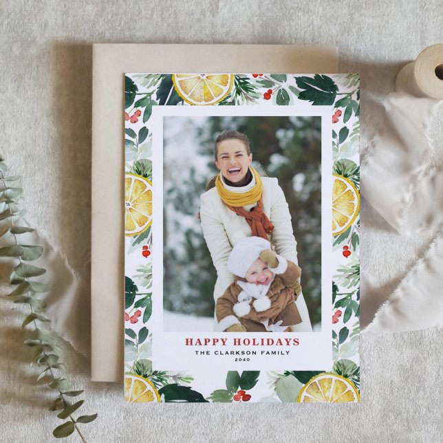 Cartes Pour Fêtes Annuelles Aquarelle Citron et verdure d'hiver Photo (Customizable Photo Holiday Card with Watercolor Lemon, Holly, and Winter Greenery)