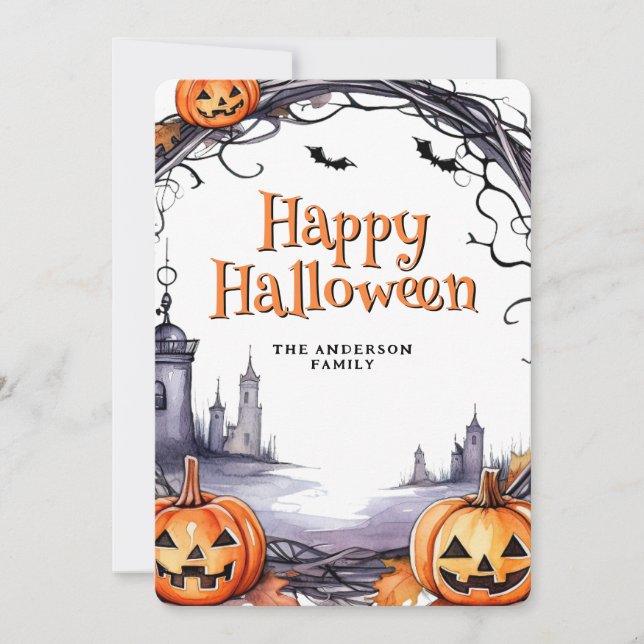 Cartes Pour Fêtes Annuelles Aquarelle Citrouille chauves-souris joyeuse Hallow (Devant)
