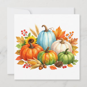 Cartes Pour Fêtes Annuelles Aquarelle Citrouilles et Feuilles d'Automne