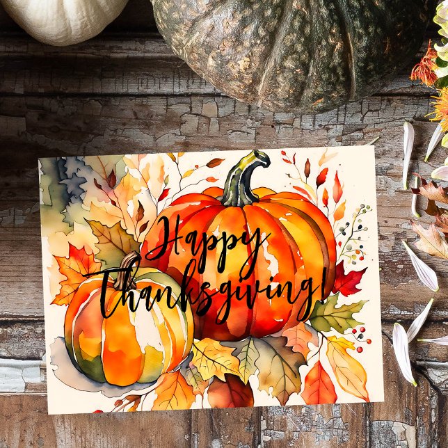 Cartes Pour Fêtes Annuelles Aquarelle Citrouilles et feuilles d'automne Thanks (Créateur téléchargé)