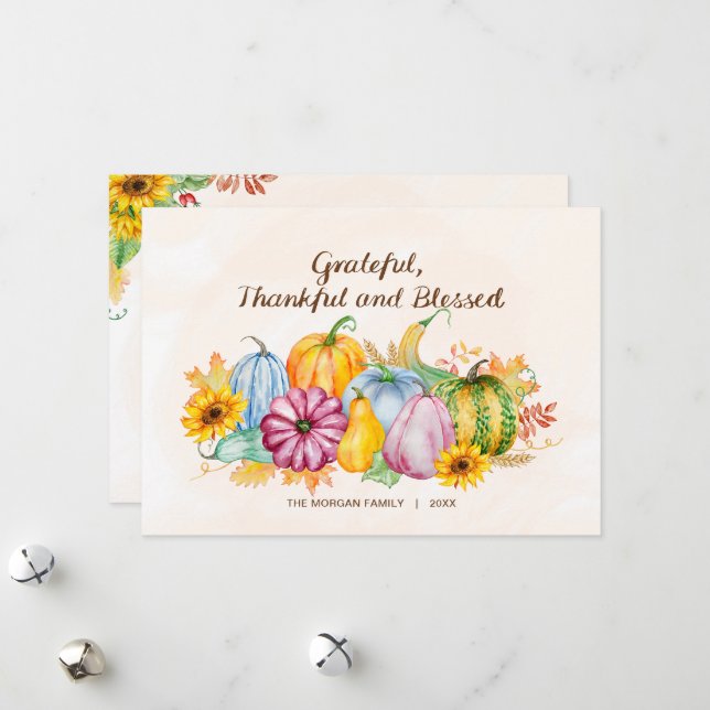 Cartes Pour Fêtes Annuelles Aquarelle Citrouilles Tournesols Thanksgiving (Devant/Arrière en situation)
