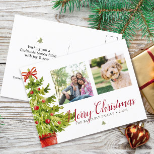 Cartes Pour Fêtes Annuelles Aquarelle classique Arbre de Noël 2 Photos