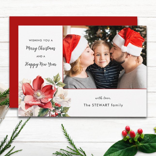Cartes Pour Fêtes Annuelles Aquarelle classique Photo florale de Noël (Créateur téléchargé)