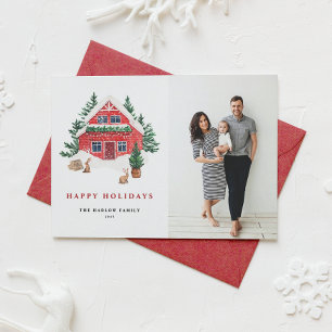Cartes Pour Fêtes Annuelles Aquarelle confortable Cabine d'hiver rouge en neig