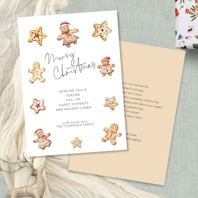 Cartes Pour Fêtes Annuelles Aquarelle Cookies pain d'épices Joyeux Noël (Front and back view)