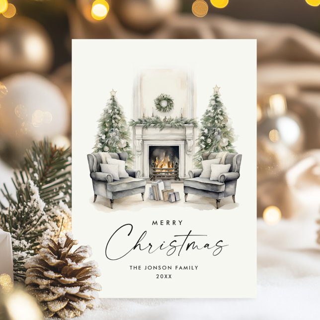Cartes Pour Fêtes Annuelles Aquarelle Cosy Accueil Arbre de Noël (Créateur téléchargé)