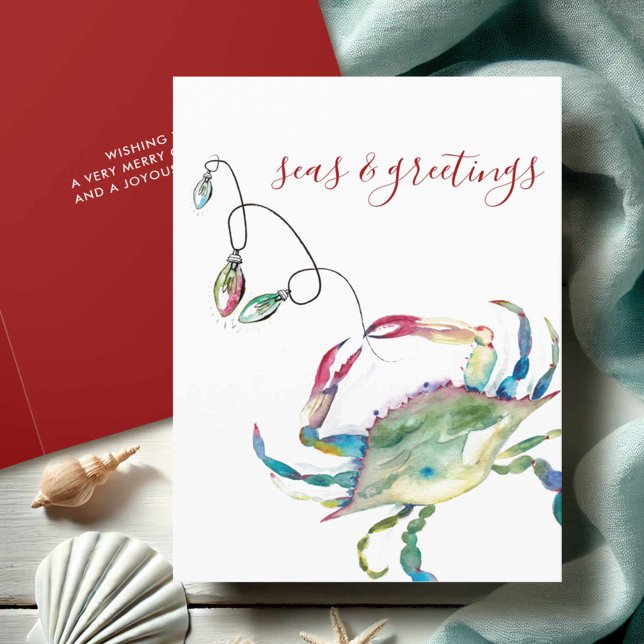 Cartes Pour Fêtes Annuelles Aquarelle côtière Crabe Plage Noël (Beach Christmas cards watercolor blue crab art by Victoria Grigaliunas Do Tell A Belle)