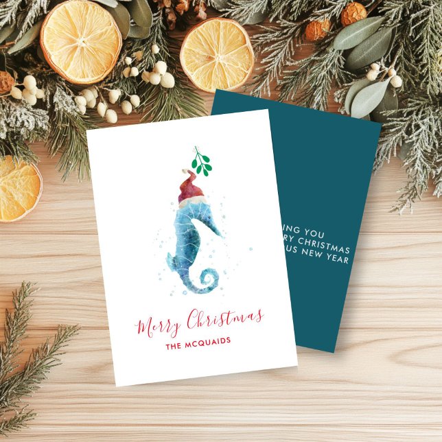 Cartes Pour Fêtes Annuelles Aquarelle côtière SeaHorse Noël (Coastal Watercolor Seahorse Holiday card)