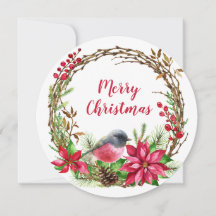 Aquarelle couronne Poinsettia & Bird Christmas