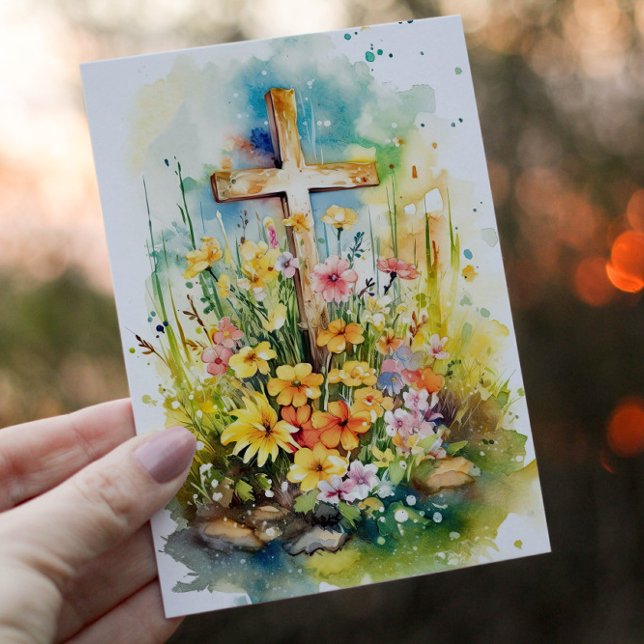 Cartes Pour Fêtes Annuelles Aquarelle Croix chrétienne et fleurs de printemps (Créateur téléchargé)