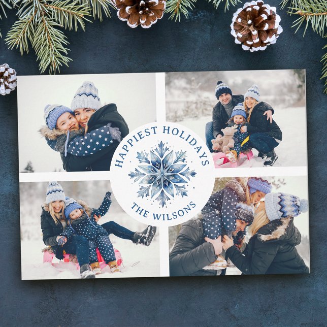Cartes Pour Fêtes Annuelles Aquarelle Crystal Blue Snowflake 4 Photo Collage (Créateur téléchargé)