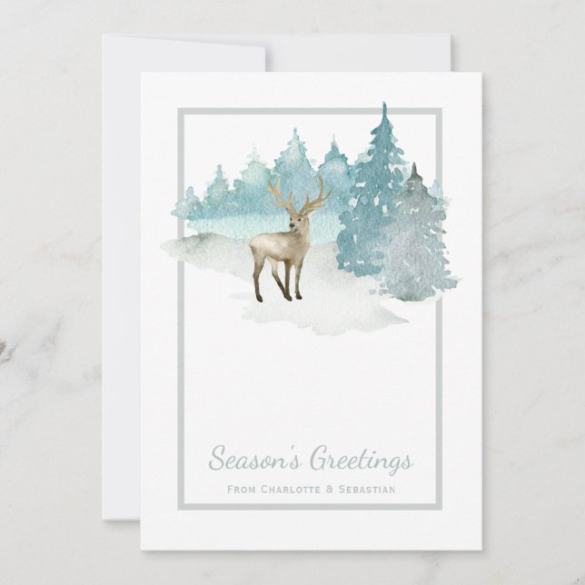Cartes Pour Fêtes Annuelles Aquarelle de cerf hiver Bois Noël (Devant)