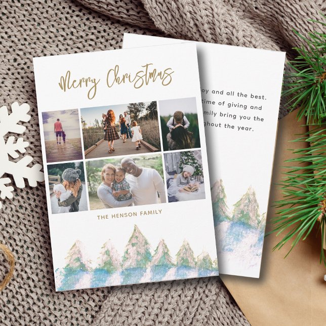 Cartes Pour Fêtes Annuelles Aquarelle de la forêt d'hiver Script Noël 6 Photos (Créateur téléchargé)