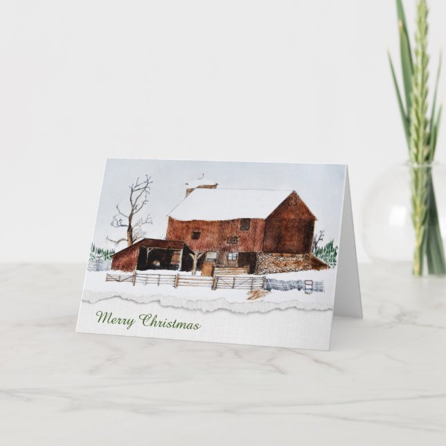 Cartes Pour Fêtes Annuelles Aquarelle de la grange de Noël (Devant)