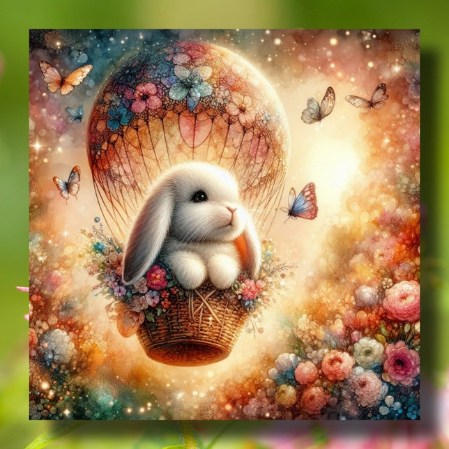 Cartes Pour Fêtes Annuelles Aquarelle de lapin Whimsical Hot Air Balloon Pâque (Créateur téléchargé)