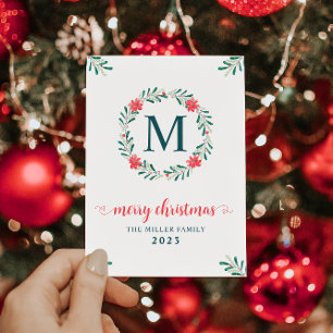 Cartes Pour Fêtes Annuelles Aquarelle de Noël Berry Floral Wreath Monogramme