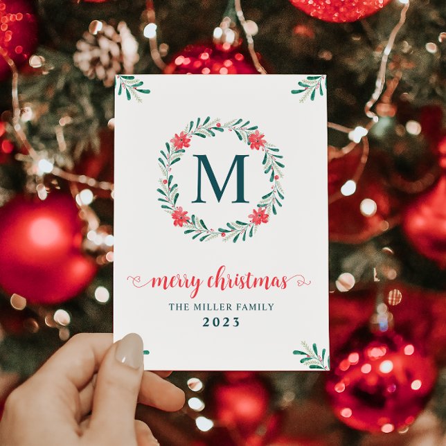 Cartes Pour Fêtes Annuelles Aquarelle de Noël Berry Floral Wreath Monogramme (Créateur téléchargé)