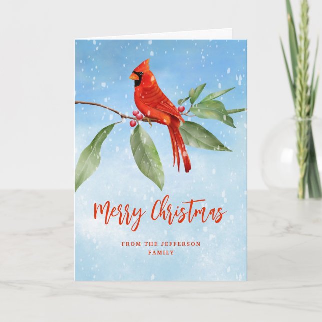 Cartes Pour Fêtes Annuelles Aquarelle de Noël Bleu Rouge Cardinal Oiseau Photo (Devant)