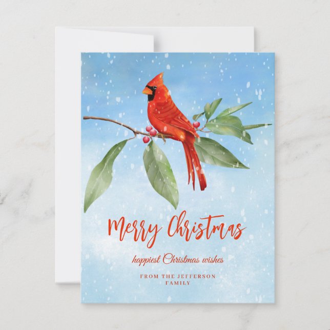 Cartes Pour Fêtes Annuelles Aquarelle de Noël Bleu Vert Rouge Cardinal Oiseau (Devant)