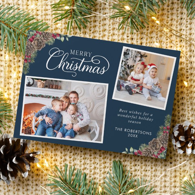 Cartes Pour Fêtes Annuelles Aquarelle de Noël Botanique 2 Photo Marine Bleue (Créateur téléchargé)