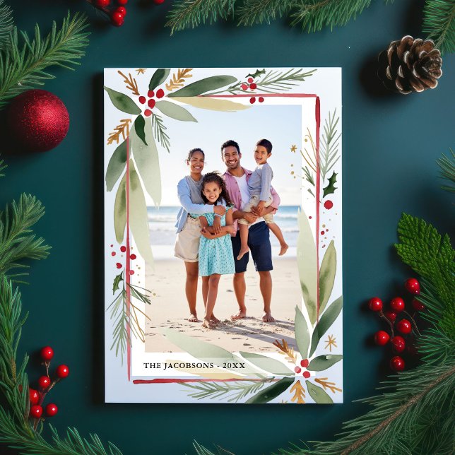 Cartes Pour Fêtes Annuelles Aquarelle de Noël Botaniques Photo Collage (Créateur téléchargé)