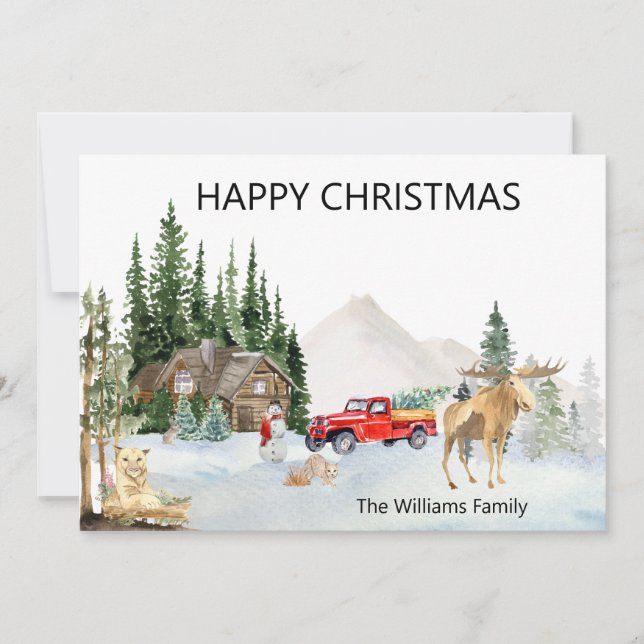 Cartes Pour Fêtes Annuelles Aquarelle de Noël Canada Bois Moose Cougar (Devant)