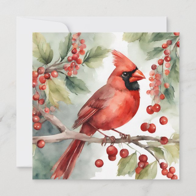Cartes Pour Fêtes Annuelles Aquarelle de Noël Cardinal rouge et baies (Devant)