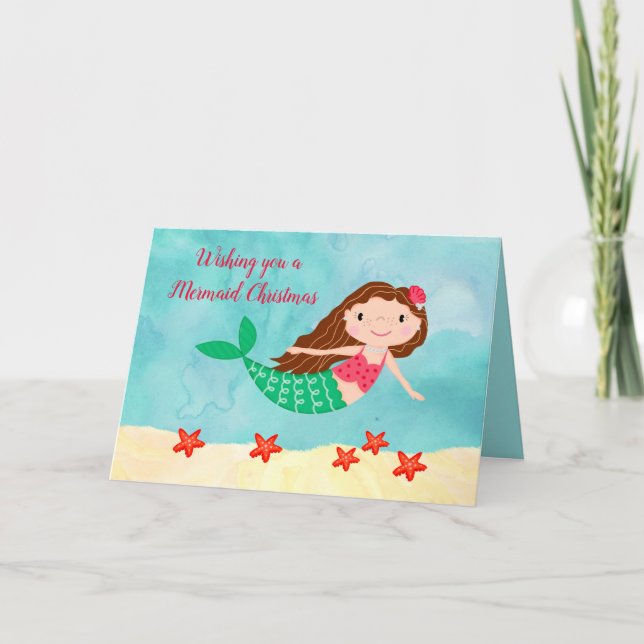 Cartes Pour Fêtes Annuelles Aquarelle de Noël de la sirène (Devant)