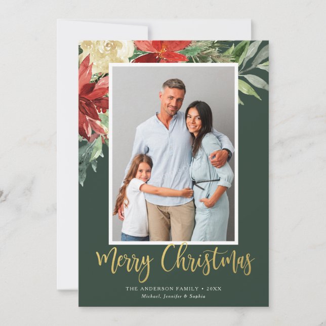 Cartes Pour Fêtes Annuelles Aquarelle de Noël Floral Green Photo (Devant)