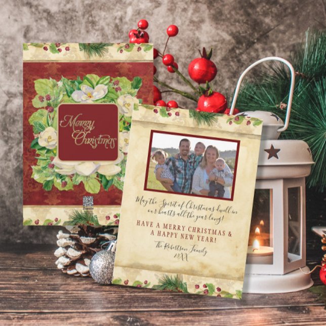 Cartes Pour Fêtes Annuelles Aquarelle de Noël Floral Magnolia Pine Wreath (Créateur téléchargé)