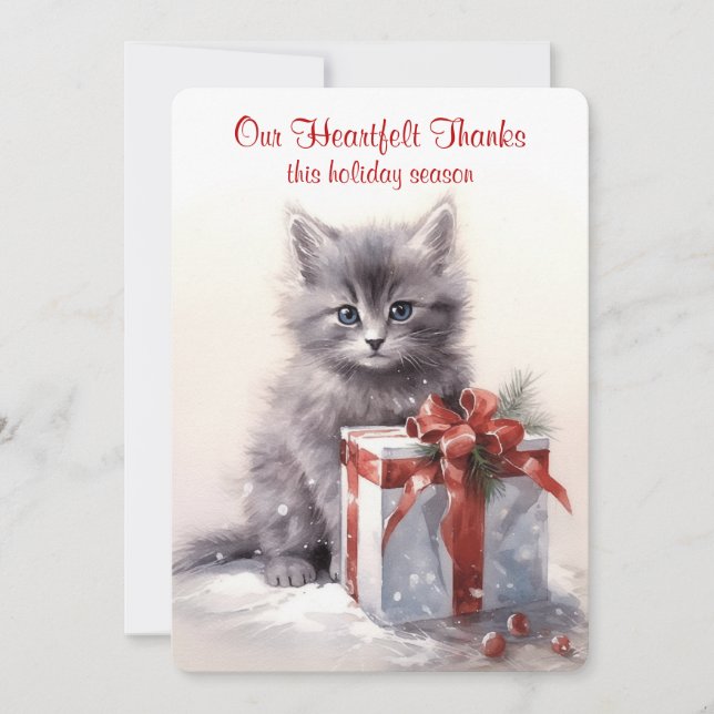 Cartes Pour Fêtes Annuelles Aquarelle de Noël Grey Kitten (Devant)