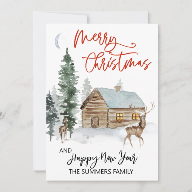 Cartes Pour Fêtes Annuelles Aquarelle de Noël Hiver Cabine de bois (Devant)