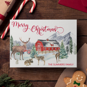Cartes Pour Fêtes Annuelles Aquarelle de Noël Hiver Grange Bois Cerf